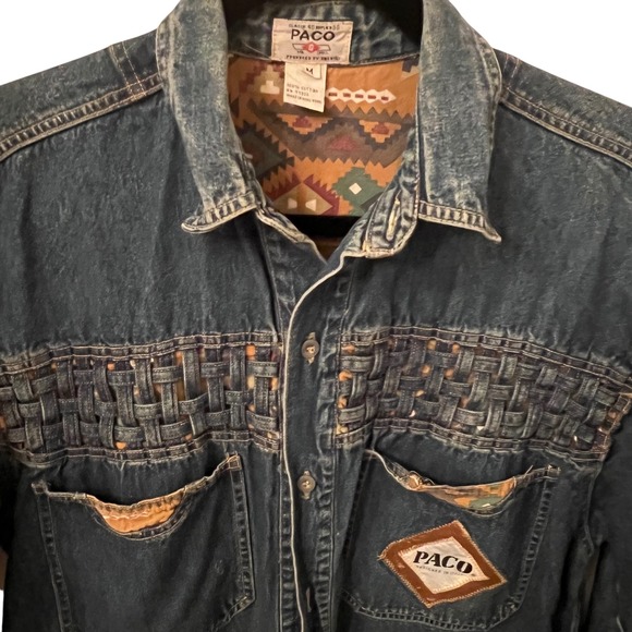 PACO Vintage 90's Jeans Denim Shirt Western Aztec LinedMens Medium - Picture 6 of 10